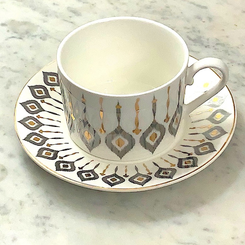 GRACES TEAWARE IKAT FLAT CUP SAUCER SET NEW PORCELAIN SILVER & GOLD